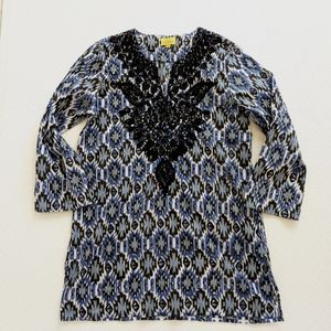 Roberta Roller Rabbit Blue Black White Tunic Top, Embroidered, beaded, size S